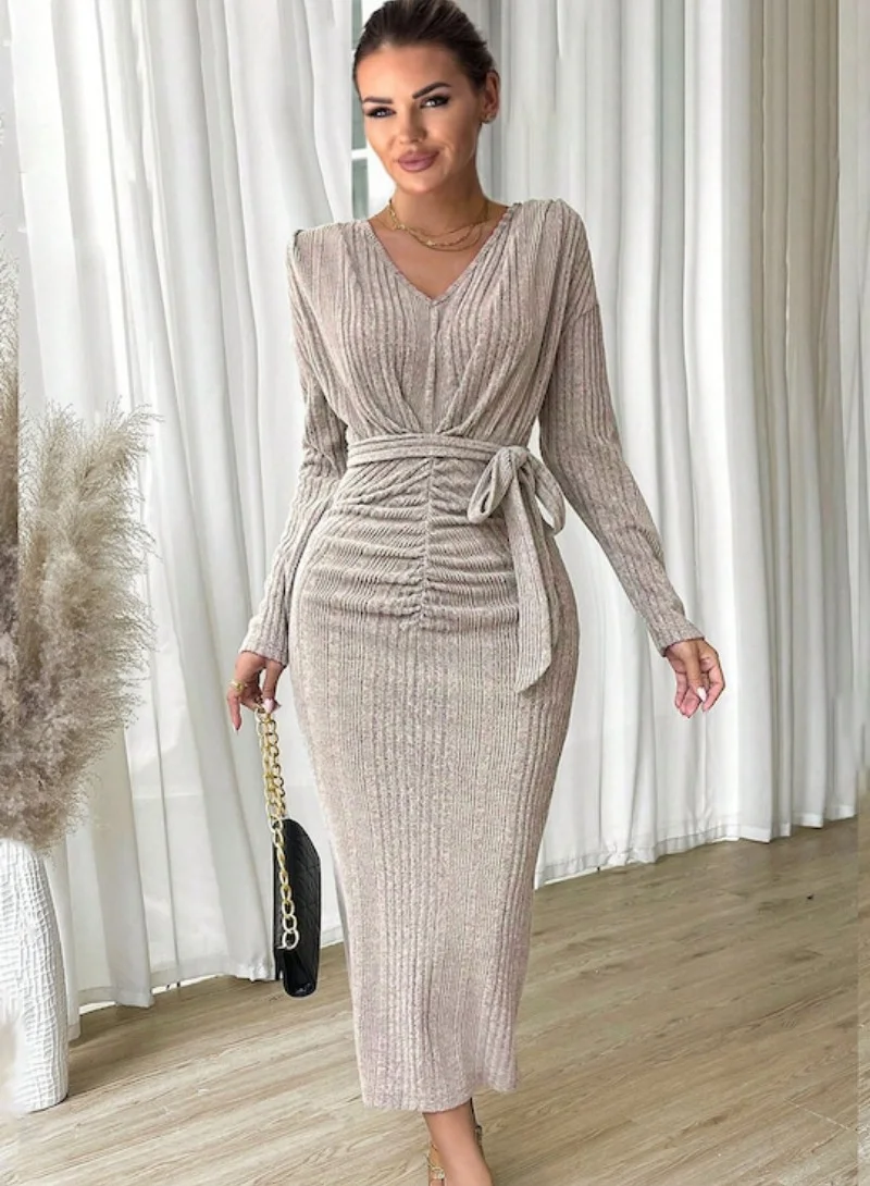 YUNIQEE Silver-toned Striped Long Sleeves Tie-Up Sheath Midi Dress