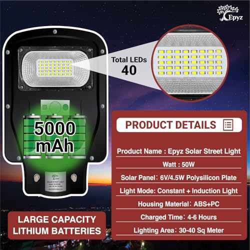 Epyz 50 Watt Solar Street Light Outdoor with Remote 40 Led Motion Sensor and Dusk to Dawn for Garden, Street, Lawn [ with Out Pole ] [ Pack of 1, Warm Yellow ] - Image 5
