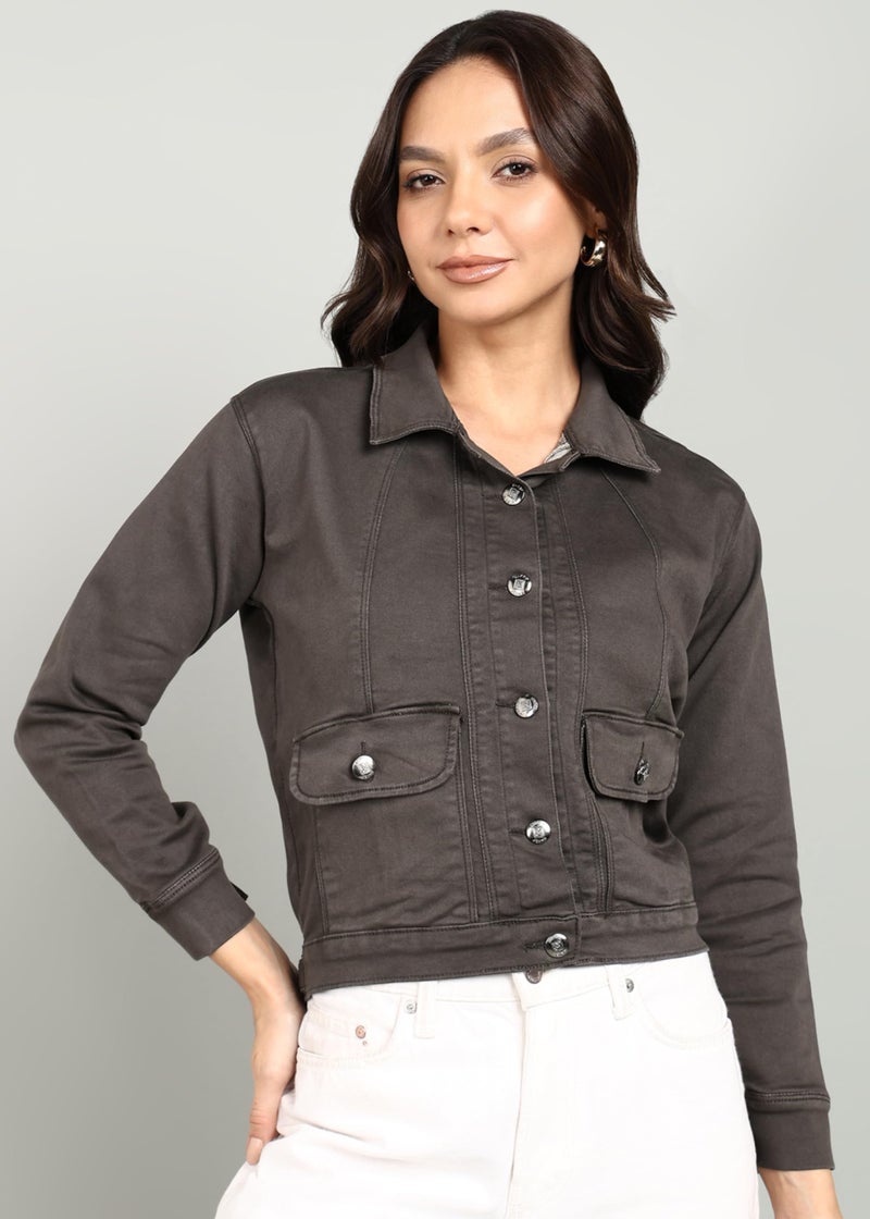 Nifty Women's Denim Front Pocket Jacket (1473_JCKT_DGREY_L_Dark_Grey_L) - Image 2