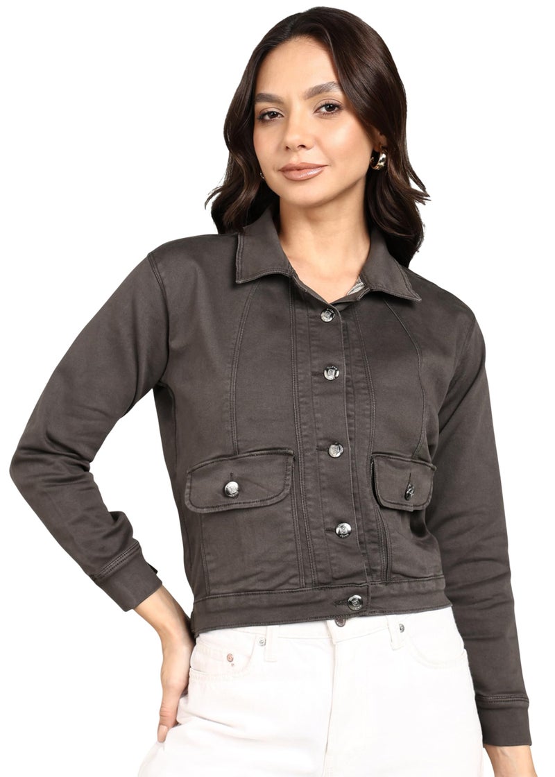 Nifty Women's Denim Front Pocket Jacket (1473_JCKT_DGREY_L_Dark_Grey_L) - Image 1