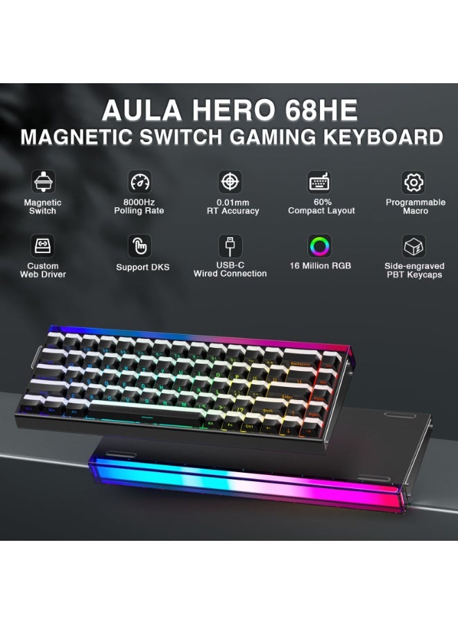 أولا لوحة مفاتيح ألعاب سلكية AULA Hero 68 HE 60%، لوحة مفاتيح مغناطيسية بتأثير هول مع معدل استطلاع 8 كيلو هرتز، أغطية مفاتيح PBT مطبوعة على الجانب، صندوق إضاءة خلفية RGB، برنامج ويب قابل للتخصيص للاعبي الكمبيوتر الشخصي/ماك - Image 2