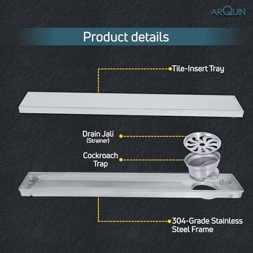 ARQUIN Tile Insert Shower Drain Channel 24x4 Inch Bathroom Tile Insert Drain | 304 Grade Stainless Steel Waste Water Marble Floor Drain Channel with Cockroach Trap (1mm Thickness) - Image 5