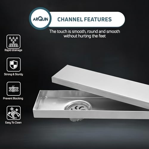 ARQUIN Tile Insert Shower Drain Channel 24x4 Inch Bathroom Tile Insert Drain | 304 Grade Stainless Steel Waste Water Marble Floor Drain Channel with Cockroach Trap (1mm Thickness) - Image 2