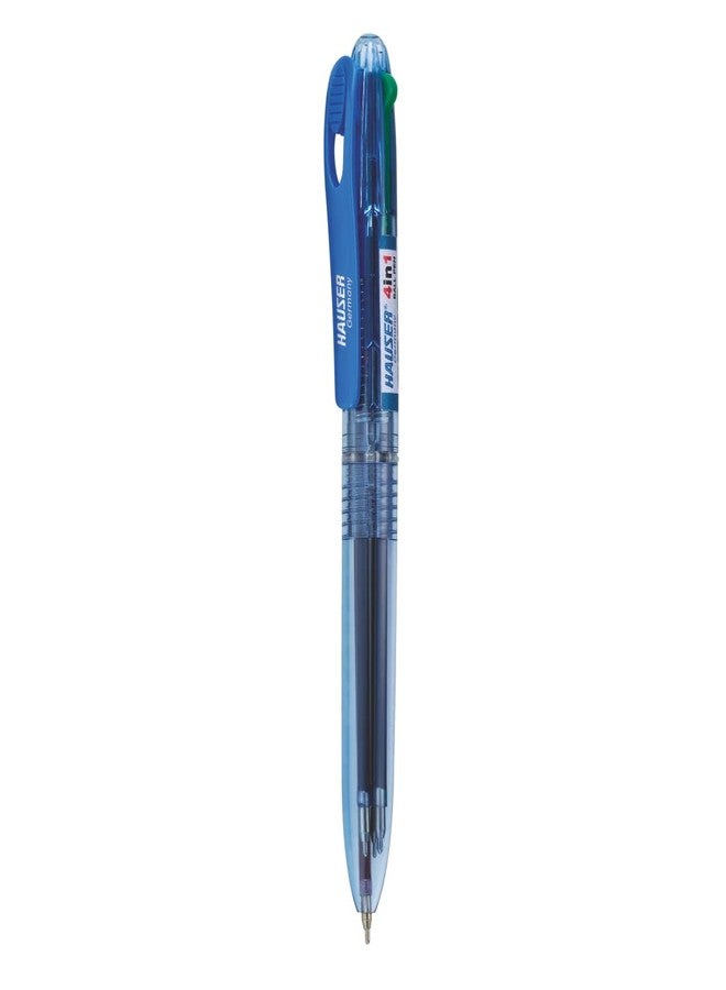 Hauser 4 in 1 Retractable Ball Pen Box Pack | Durable Transparent Body | 4 Colors in One Pen | Low Viscosity Ink System | Acu Flow Writing System | Blue, Black, Red & Green, Pack of 4 - Image 1