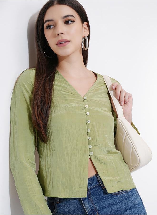 Tokyo Talkies Textured V-Neck Buttoned Top - Image 2
