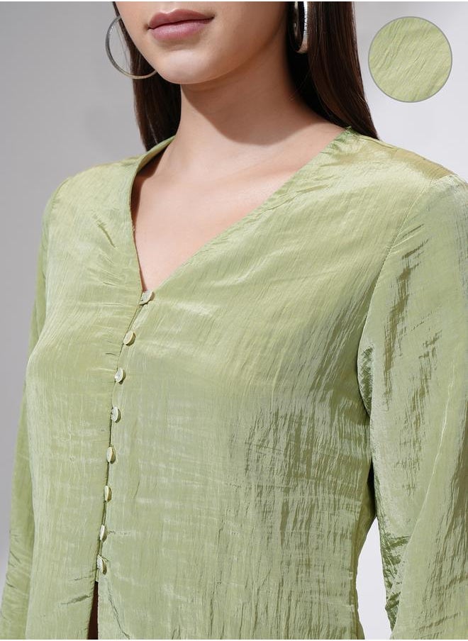 Tokyo Talkies Textured V-Neck Buttoned Top - Image 5