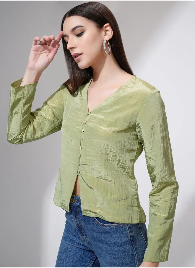 Tokyo Talkies Tokyo Talkies Textured V-Neck Buttoned Top