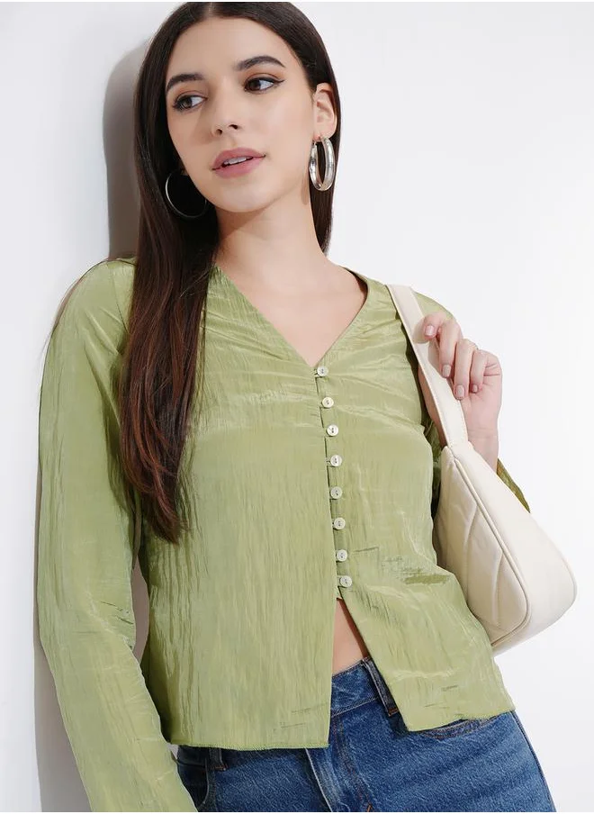 Tokyo Talkies Textured V-Neck Buttoned Top