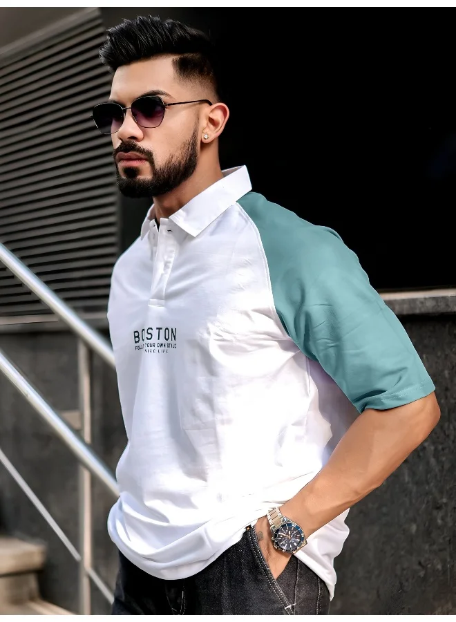 مانياك تيشيرت بولو رجالي قطن مطبوع بأكمام 3/4 مقاس كبير أبيض وأزرق سماوي