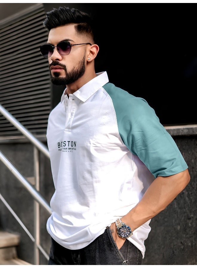 Maniac Mens printed raglan polo neck half sleeve white and teal blue cotton oversized t-shirt - Image 2