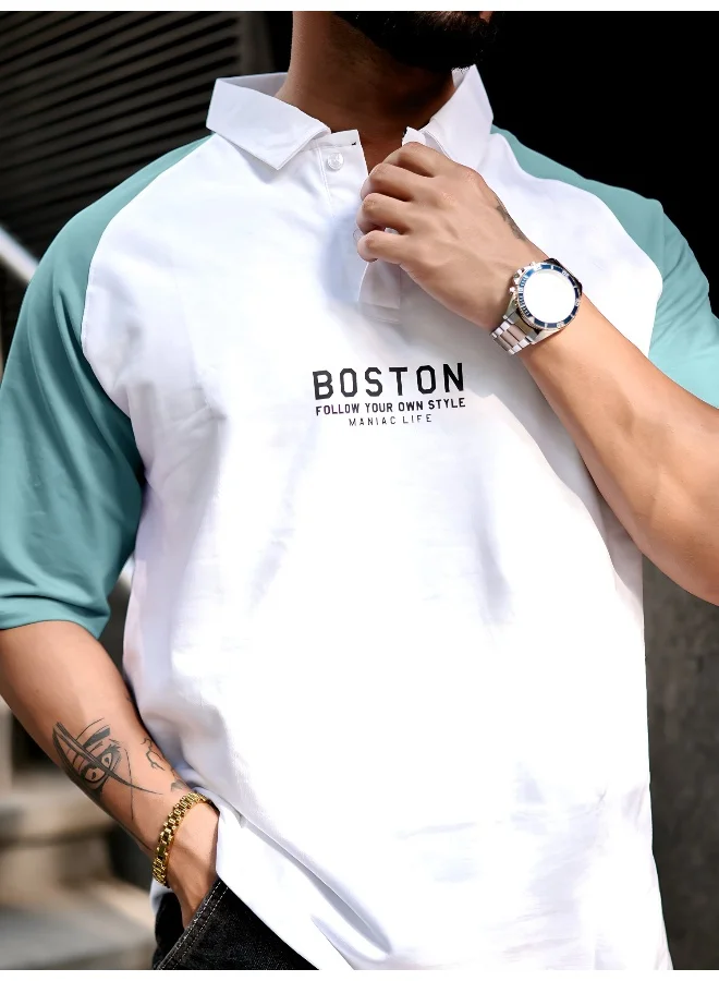 Maniac  Maniac Mens printed raglan polo neck half sleeve white and teal blue cotton oversized t-shirt for Men | Best Price UAE