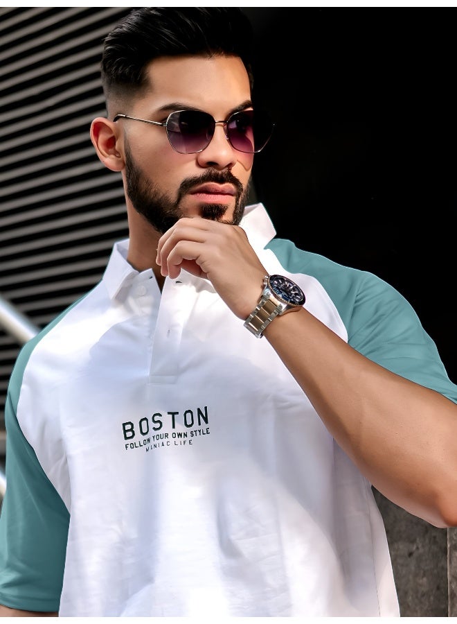 Maniac Mens printed raglan polo neck half sleeve white and teal blue cotton oversized t-shirt - Image 1