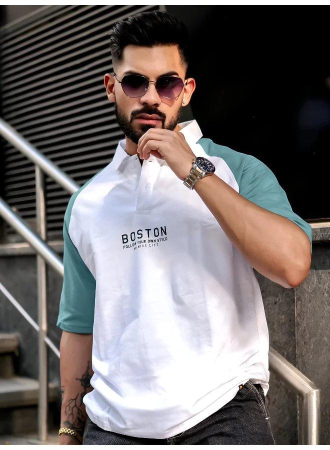 Maniac  Maniac Mens printed raglan polo neck half sleeve white and teal blue cotton oversized t-shirt for Men | Best Price UAE