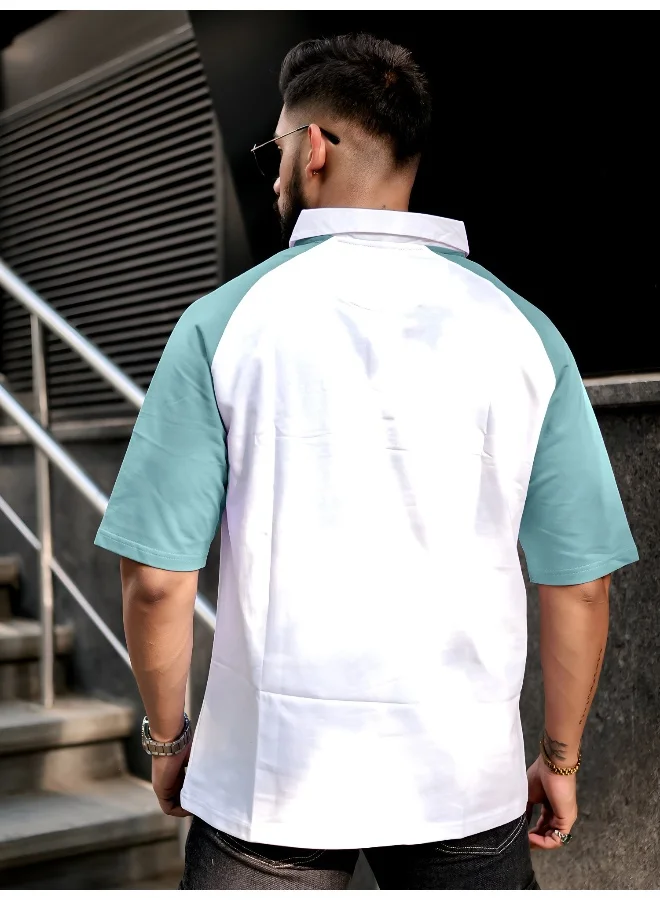 Maniac  Maniac Mens printed raglan polo neck half sleeve white and teal blue cotton oversized t-shirt for Men | Best Price UAE