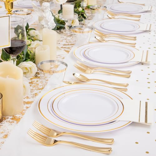 GATHER 176 Pieces Gold Dinnerware Disposable - White and Gold Plastic Plates Includes 50 Plates, 25 Plastic Silverware, 25 Napkins, 25 Cups and 1 Tablecloth for Wedding Party Thanksgiving - Image 3