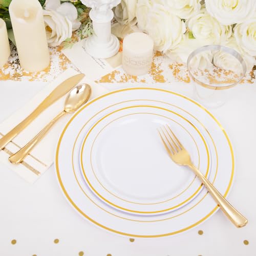 GATHER 176 Pieces Gold Dinnerware Disposable - White and Gold Plastic Plates Includes 50 Plates, 25 Plastic Silverware, 25 Napkins, 25 Cups and 1 Tablecloth for Wedding Party Thanksgiving - Image 4