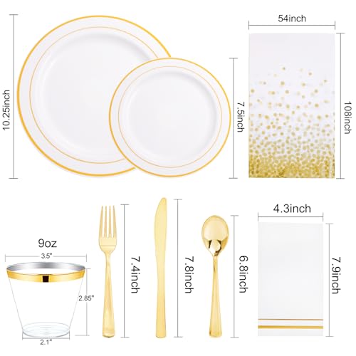GATHER 176 Pieces Gold Dinnerware Disposable - White and Gold Plastic Plates Includes 50 Plates, 25 Plastic Silverware, 25 Napkins, 25 Cups and 1 Tablecloth for Wedding Party Thanksgiving - Image 2