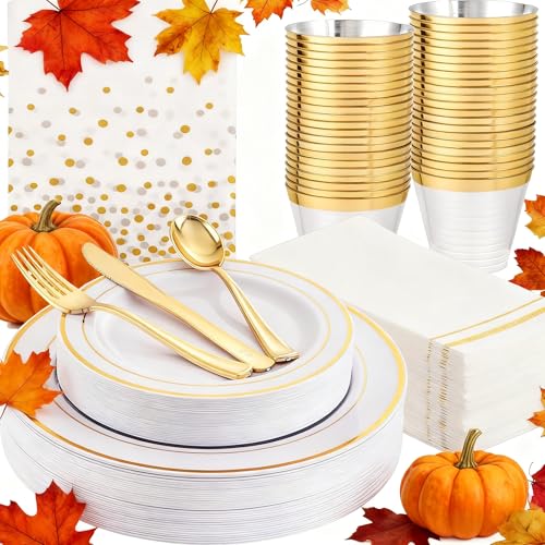 GATHER 176 Pieces Gold Dinnerware Disposable - White and Gold Plastic Plates Includes 50 Plates, 25 Plastic Silverware, 25 Napkins, 25 Cups and 1 Tablecloth for Wedding Party Thanksgiving - Image 1