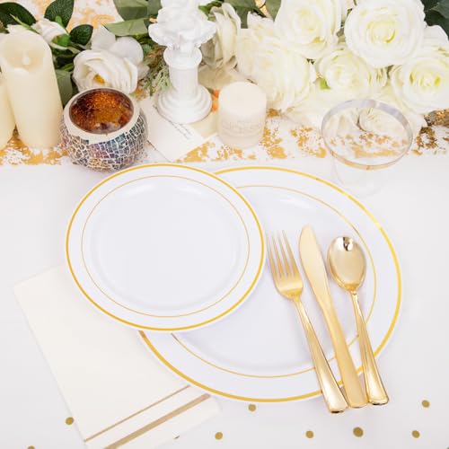 GATHER 176 Pieces Gold Dinnerware Disposable - White and Gold Plastic Plates Includes 50 Plates, 25 Plastic Silverware, 25 Napkins, 25 Cups and 1 Tablecloth for Wedding Party Thanksgiving - Image 5