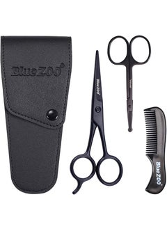 Bluezoo BlueZOO Beard Mustache Scissors and Comb Kit with PU Storage Bag Rounded Safety Nose Hair Scissor for Men and Women Care Grooming Ear Trimming Tool Shears for Personal Grooming Cutting  Styling 