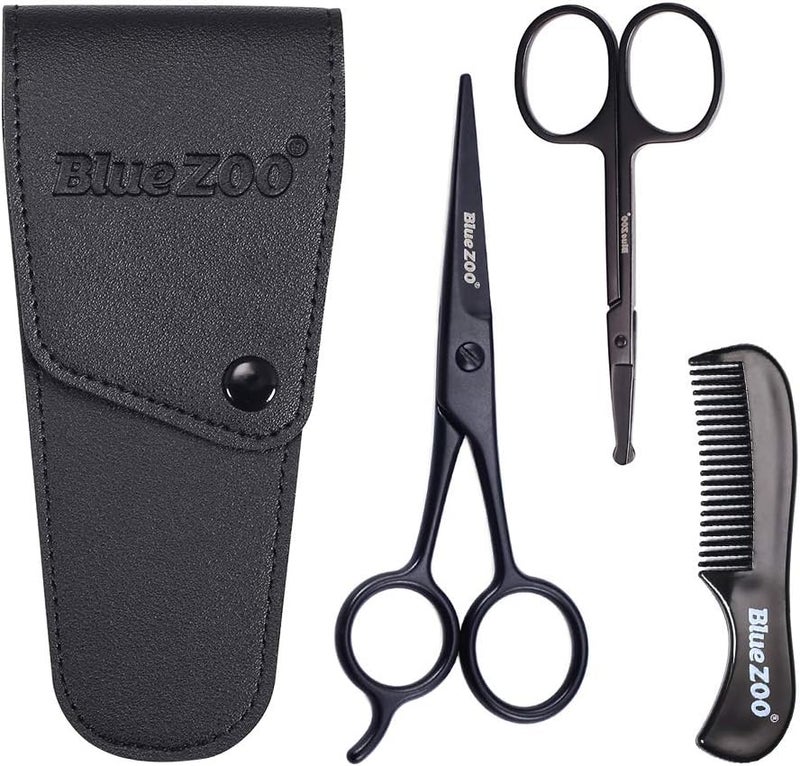 BlueZOO Beard Mustache Scissors and Comb Kit with PU Storage Bag Rounded Safety Nose Hair Scissor for Men and Women Care Grooming Ear Trimming Tool Shears for Personal Grooming Cutting  Styling