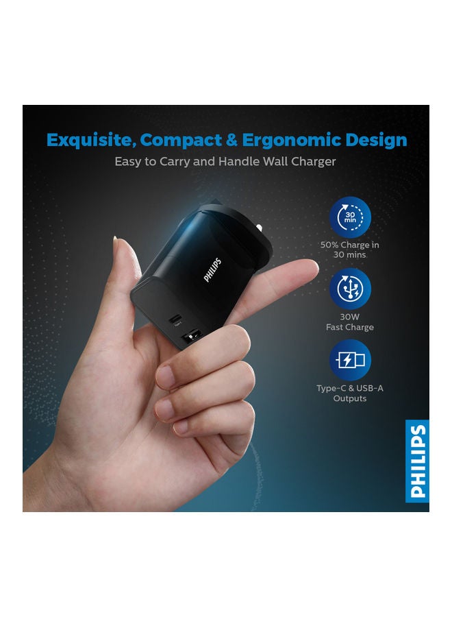 Philips 30W Dual Port Wall Charger With USB-C And USB-A Ports, Compact Adapter, Rapid Charging For iPhone, Android, Tablets, Smartwatches - Black - Image 3