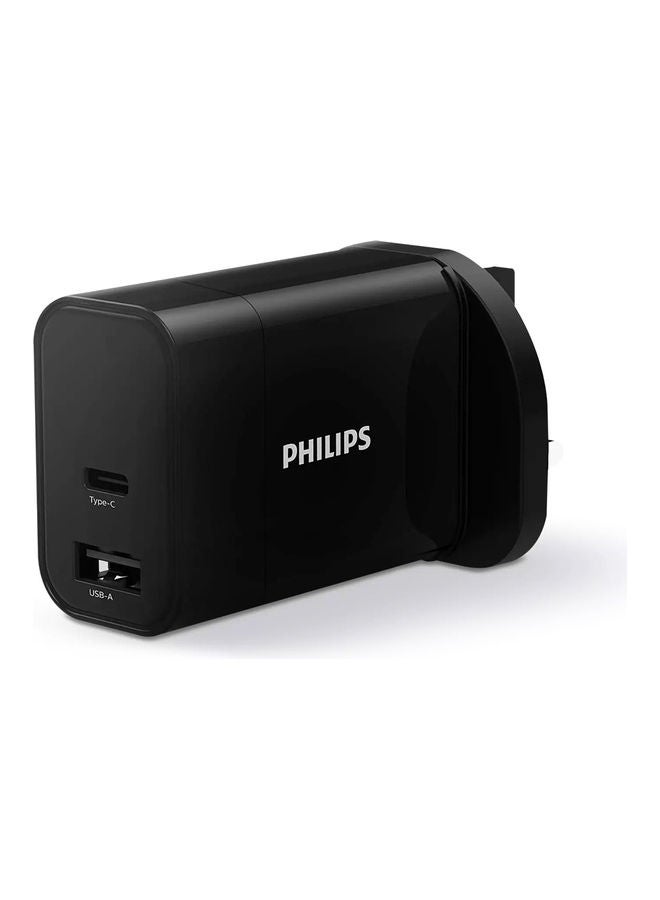 Philips 30W Dual Port Wall Charger With USB-C And USB-A Ports, Compact Adapter, Rapid Charging For iPhone, Android, Tablets, Smartwatches - Black - Image 1