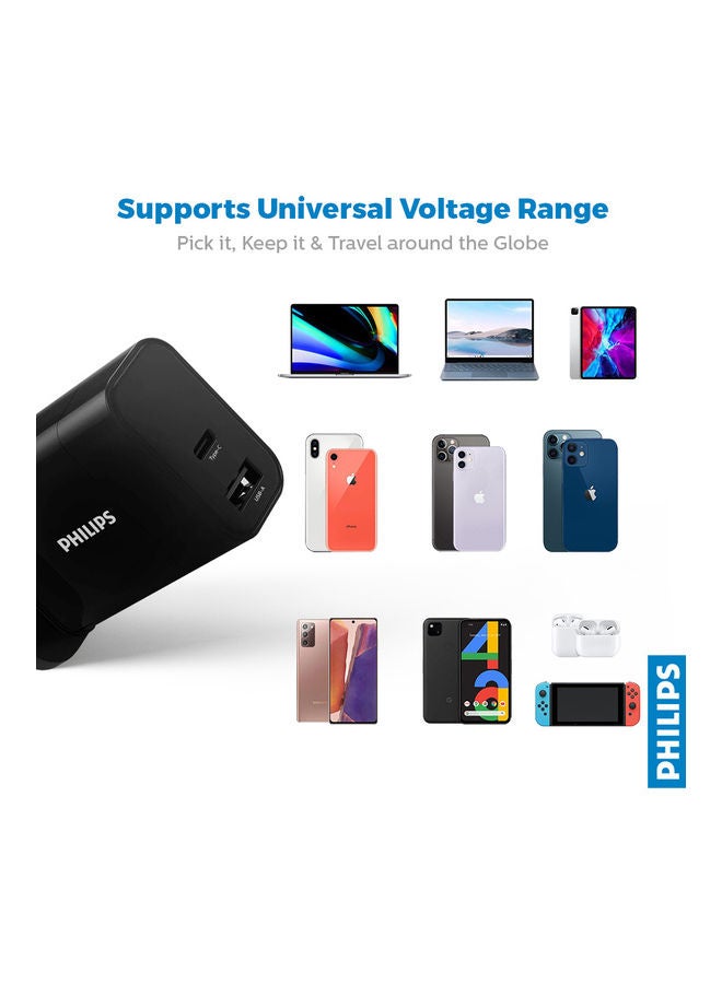 Philips 30W Dual Port Wall Charger With USB-C And USB-A Ports, Compact Adapter, Rapid Charging For iPhone, Android, Tablets, Smartwatches - Black - Image 5