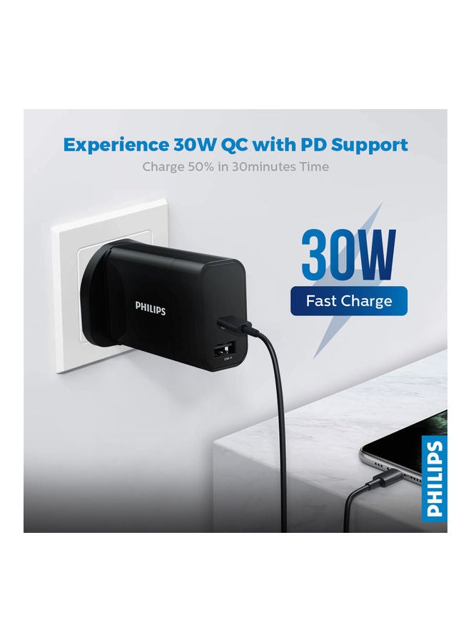 Philips 30W Dual Port Wall Charger With USB-C And USB-A Ports, Compact Adapter, Rapid Charging For iPhone, Android, Tablets, Smartwatches - Black - Image 2