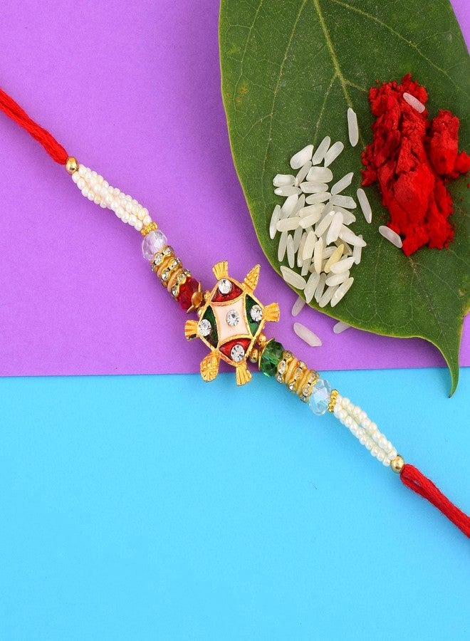 Morir Gold Tone Hand Finished Tortoise/Turtle Designing Thread Raksha bandhan Rakhi Gift, Wrist Bands for Loving/Brother Sister, Father & Friends-with Roli Chawal (Set of 1) - Image 4