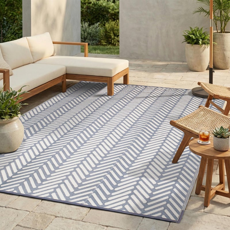 FH Home Outdoor Camping Rug Waterproof Fade Resistant Reversible Premium Recycled Plastic Herringbone Large Patio Deck Sunroom RV Fresno Light Blue 9 x 12 ft Foldable