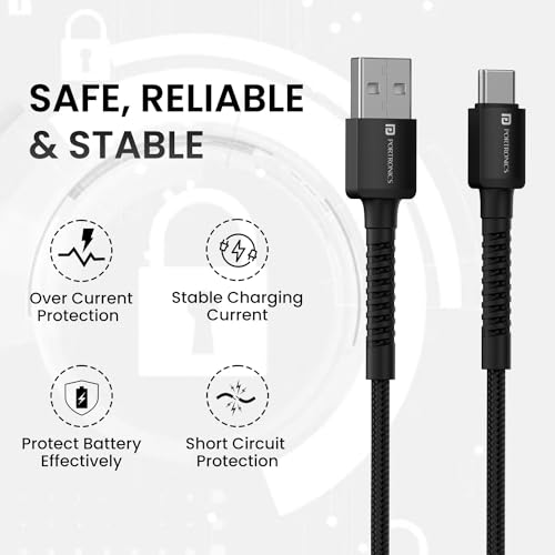 Portronics Konnect X USB to Type C Cable with 3A Output, Fast Charging & Data Transfer, Nylon Braided, Aluminium Alloy Shell, 1M Length compatible with Type C Smartphones(Black) - Image 2