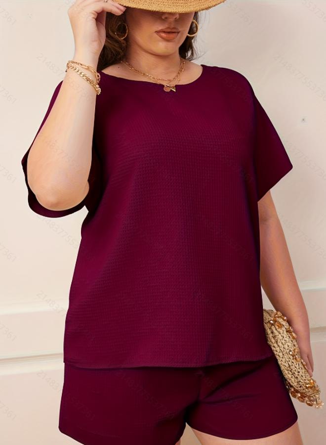 Take Two Plus Size Burgundy Waffle Knit T-Shirt and Short Pyjama Set - Image 5