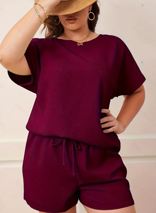 Take Two Plus Size Burgundy Waffle Knit T-Shirt and Short Pyjama Set