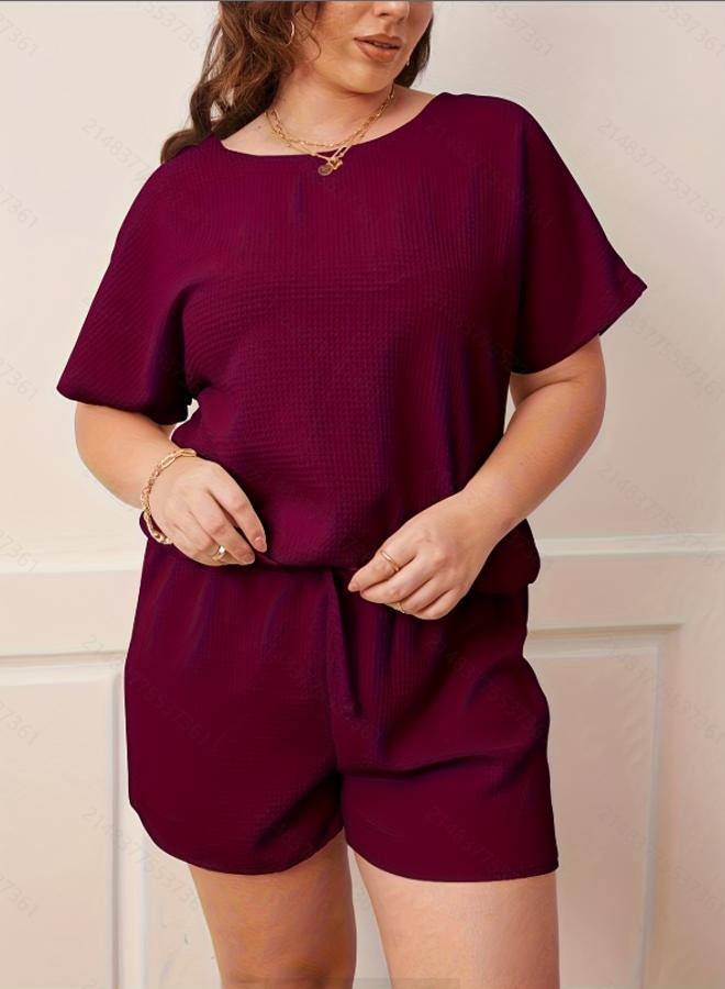 Take Two Plus Size Burgundy Waffle Knit T-Shirt and Short Pyjama Set - Image 3