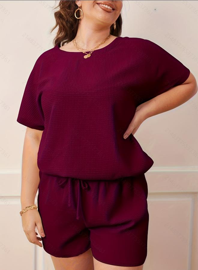 Take Two Plus Size Burgundy Waffle Knit T-Shirt and Short Pyjama Set - Image 1