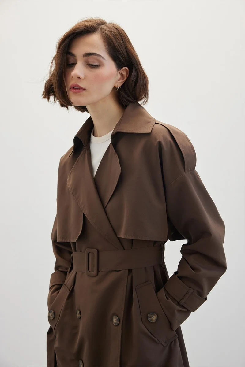 Manuka Buttoned Double Breasted Trench Coat Bitter Brown