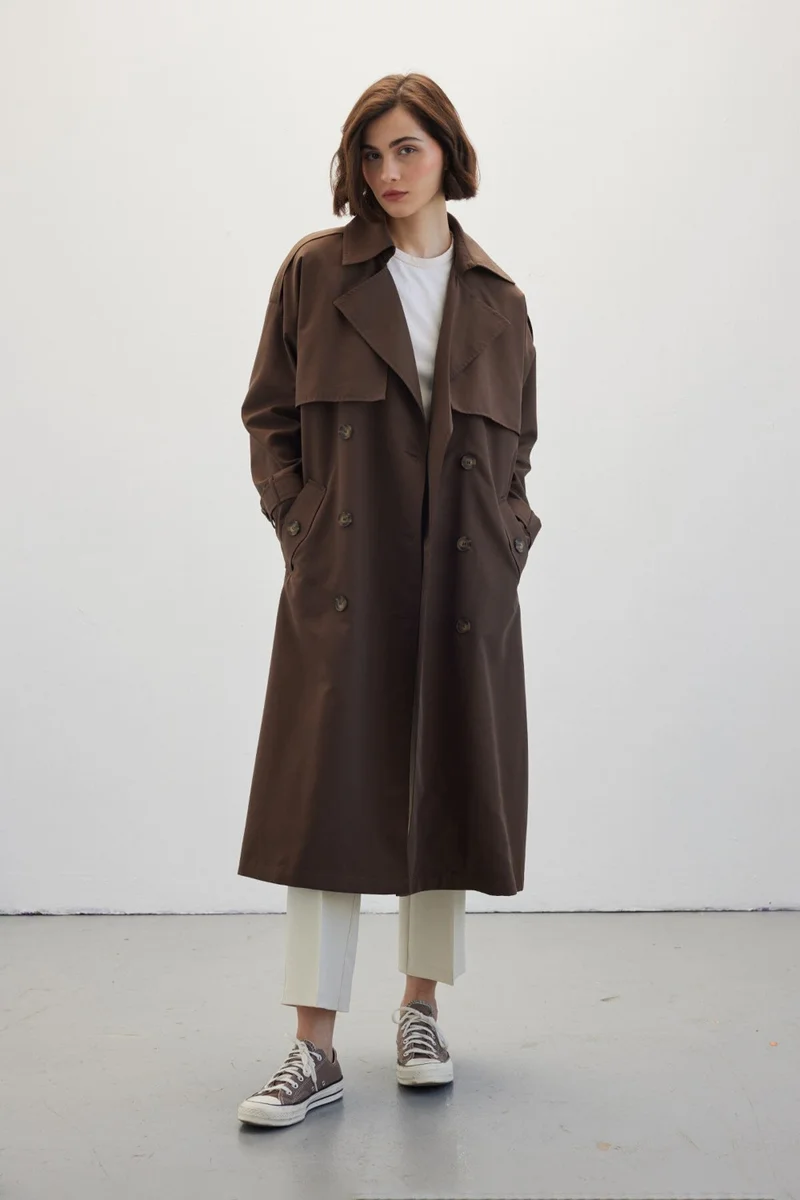 Manuka Buttoned Double Breasted Trench Coat Bitter Brown