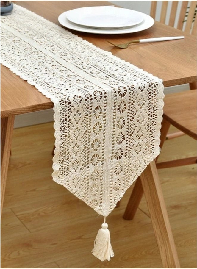Hollow Table Runner Hand Crocheted Table Flage Polyester Cotton Material Suitable for Coffee Table Long Table Home Decoration Beige 30 * 180CM - Image 1