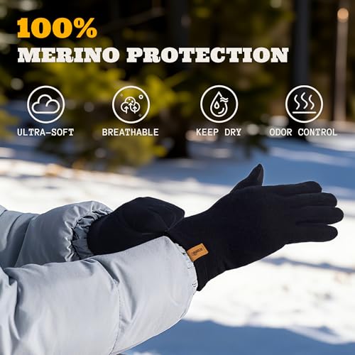 ACUSHLA 100% Merino Wool Glove Liner - Touchscreen Lightweight Base layer Ski Liner Glove for Men & Women Winter Running Hiking Cycling Fishing, 290GSM Black M - Image 2