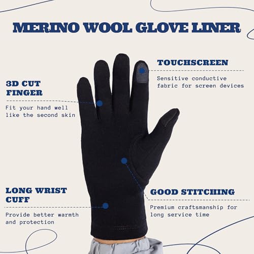 ACUSHLA 100% Merino Wool Glove Liner - Touchscreen Lightweight Base layer Ski Liner Glove for Men & Women Winter Running Hiking Cycling Fishing, 290GSM Black M - Image 4
