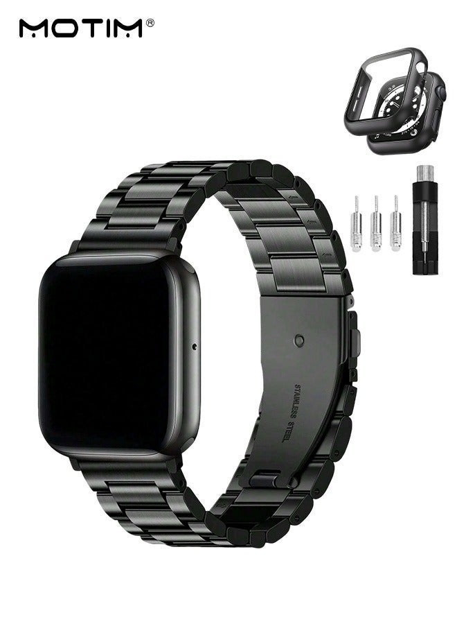 Motim Classic Stainless Steel Apple Watch Band with Case 42mm/44mm/45mm/46mm/49mm, Shockproof Replacement Strap Wristband for Apple Watch Series 9/8/7/6/5/4/3/2/1/SE/SE2/Ultra