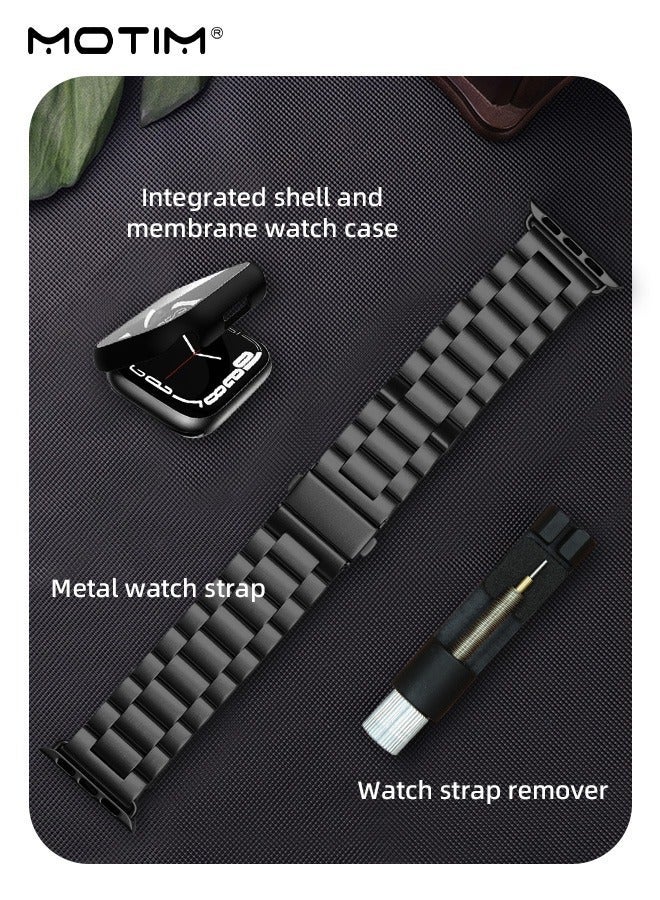 Motim Classic Stainless Steel Apple Watch Case with Band Strap 42mm/44mm/45mm/46mm/49mm, Shockproof Replacement Strap Wristband for Apple Watch Series 9/8/7/6/5/4/3/2/1/SE/SE2/Ultra - Image 2