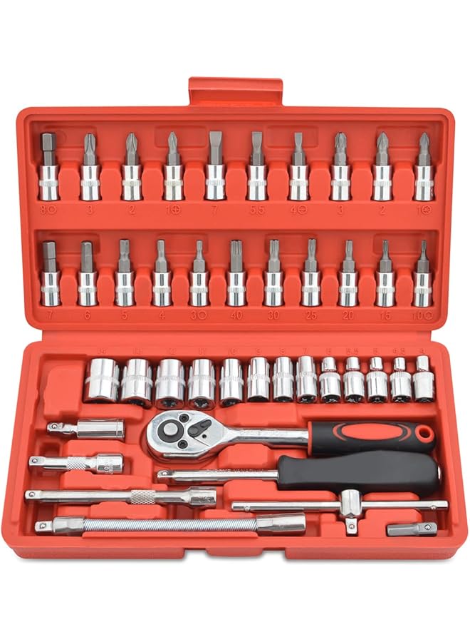 promass 46 Piece 1/4" Drive Socket Wrench Driver Bits Metric Set Flexible Extension Rods with Reversible Ratchet Spanner for Car Bicycle Motor - Image 1