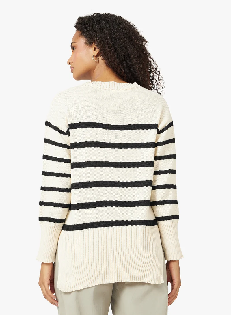 جينجر Oversize Crew Neck Stripe Sweater