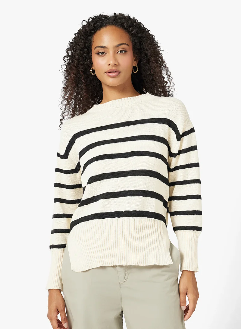 جينجر Oversize Crew Neck Stripe Sweater