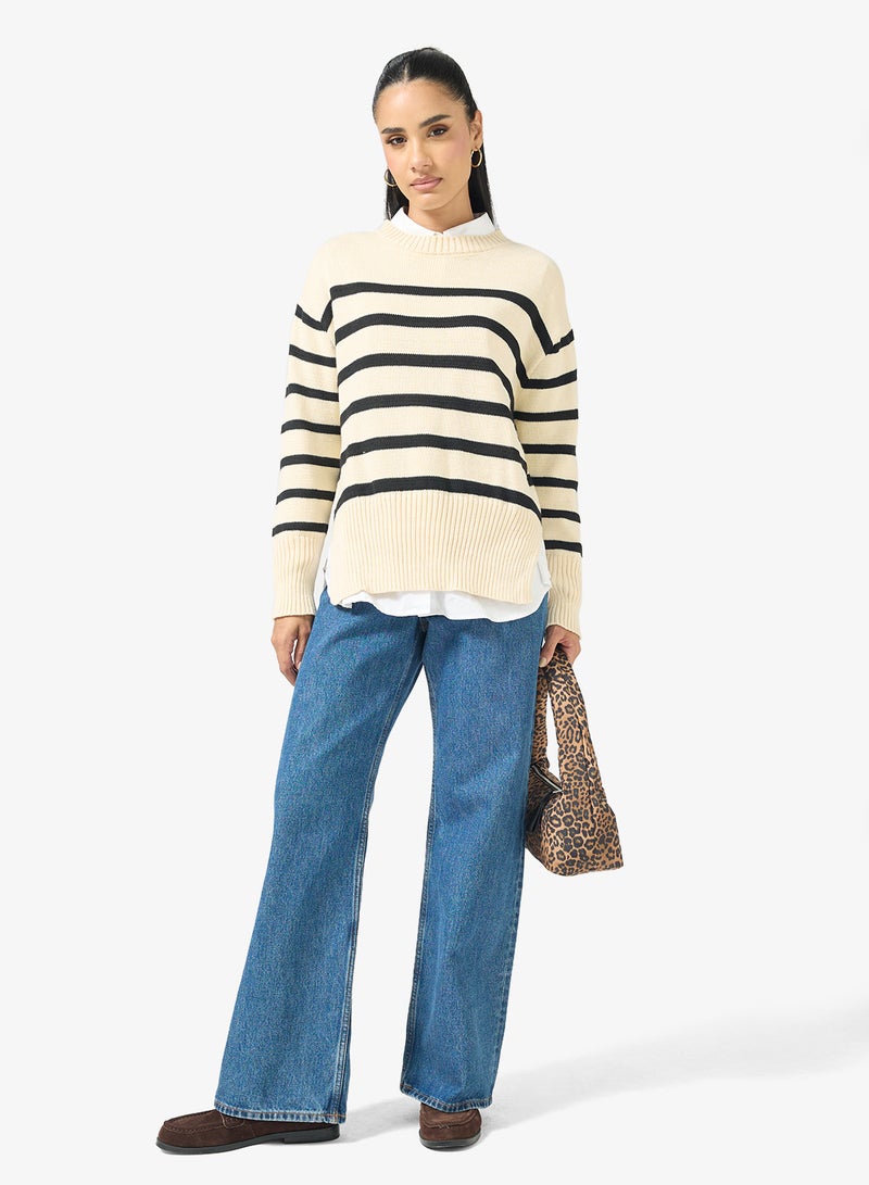 جينجر كنزة صوف مقلمة بياقة دائرية واسعة - Image 4