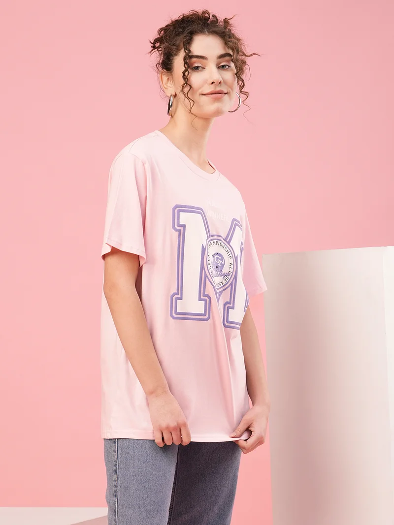 globus Women Typography Printed Drop Shoulder Boxy Cotton T-Shirt