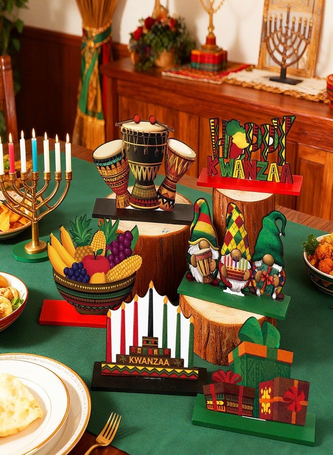 DoubleFill مجموعة دبل فيل المكونة من 6 قطع من زينة طاولة كوانزا السعيدة، لوحة خشبية مركزية لطاولة كوانزا بألوان الأحمر والأخضر والأصفر والأسود، لوحات خشبية أفريقية لتزيين الطاولة والمكتب والرفوف المنزلية والمدفأة، ديكور صينية متعددة الطبقات لحفلات أفريقية - Image 4
