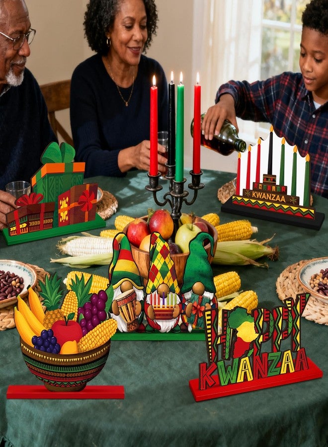 DoubleFill مجموعة دبل فيل المكونة من 6 قطع من زينة طاولة كوانزا السعيدة، لوحة خشبية مركزية لطاولة كوانزا بألوان الأحمر والأخضر والأصفر والأسود، لوحات خشبية أفريقية لتزيين الطاولة والمكتب والرفوف المنزلية والمدفأة، ديكور صينية متعددة الطبقات لحفلات أفريقية - Image 5